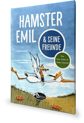 Buchcover Hamster Emil. Zeichnung wie eine Maus und ein Hamster auf dem Rücken eines Storches fliegen.